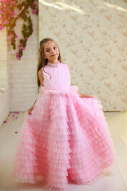 Long princess girl dress in bright pink with a long, ruffled tulle skirt and pleated tulle top with high collar. For special occasions: Wedding, Birthday party, Prom, Flower girl, Eid, and other events.