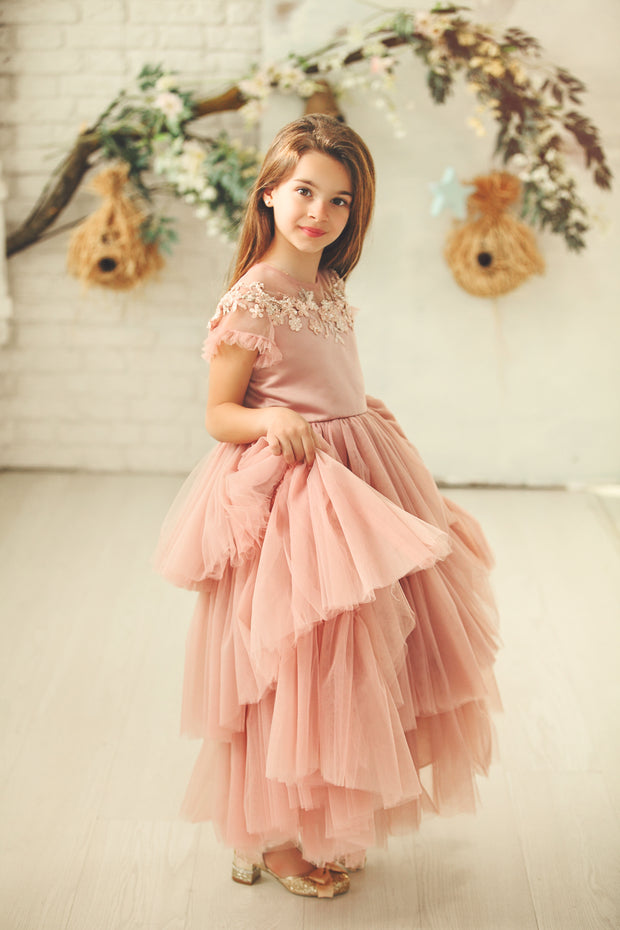 Ankle-length princess dress in a baby pink color with multi-layered tulle skirt, transparent ruffled sleeves and floral embroidery on the front and back satin bodice. Girl dress for special occasions: flower girls, weddings, birthday party, communion, Eid.