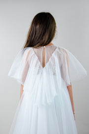 Kleid zum Mieten - Langes weißes Blumenmädchenkleid mit Schmetterlingsärmeln