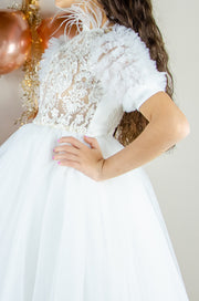 Long white festive girl dress with embroidered bodice, high collar and short tulle sleeves. The dress is for holiday season, Christmas, New Year, weddings, Eid, birthdays, parties, flower girls and other special formal events and occasions.