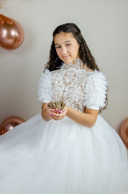 Long white festive girl dress with embroidered bodice, high collar and short tulle sleeves. The dress is for holiday season, Christmas, New Year, weddings, Eid, birthdays, parties, flower girls and other special formal events and occasions.