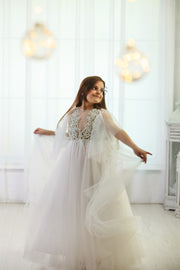 Dress for rent - Long white flower girl dress with butterfly sleeves