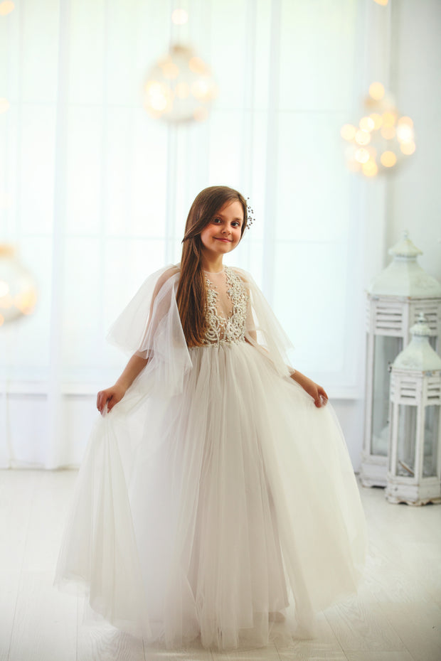 Dress for rent - Long white flower girl dress with butterfly sleeves