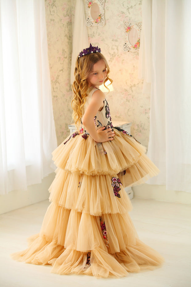 Handmade long beige multi-layered tulle dress with red and burgundy floral embroidery, shorter front side and long back side of the tulle skirt, for flower girls, weddings, birthdays