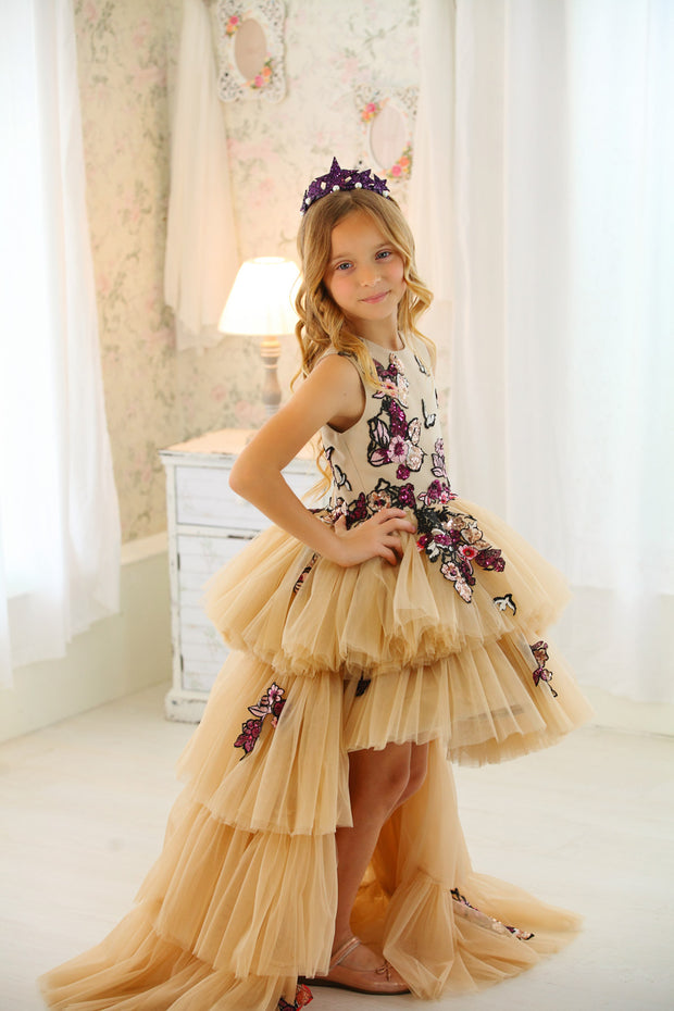 Handmade long beige multi-layered tulle dress with red and burgundy floral embroidery, shorter front side and long back side of the tulle skirt, for flower girls, weddings, birthdays