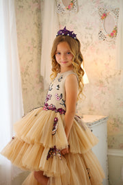 Handmade long beige multi-layered tulle dress with red and burgundy floral embroidery, shorter front side and long back side of the tulle skirt, for flower girls, weddings, birthdays