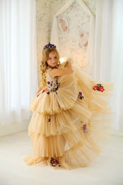 Handmade long beige multi-layered tulle dress with red and burgundy floral embroidery, shorter front side and long back side of the tulle skirt, for flower girls, weddings, birthdays