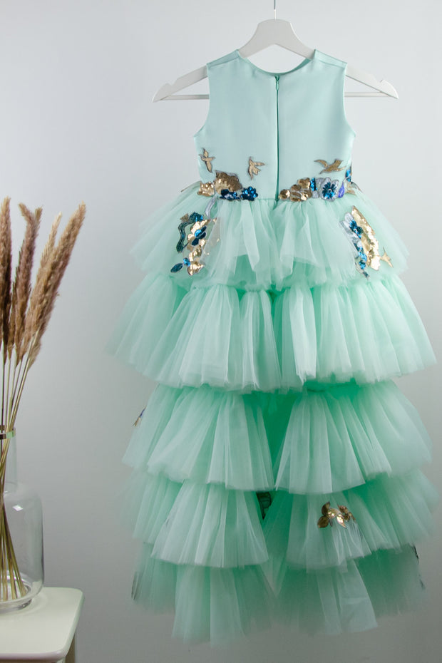 handmade long multi-layered princess tulle dress in mint with gold and blue floral embroidery and sequins, for flower girls, birthdays and weddings