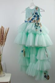 handmade long multi-layered princess tulle dress in mint with gold and blue floral embroidery and sequins, for flower girls, birthdays and weddings