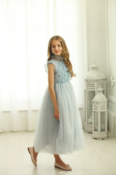 Ankle-length baby blue dress with sleeveless ruffled top, transparent high collar, and pearl embellishments from shoulders down to the open back. Girl dress for flower girls, weddings, birthdays and other special occasions.