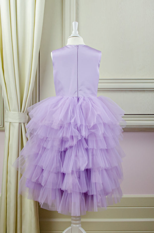 handmade, bright purple flower girl dress with multi-layer tulle skirt and floral embroidery