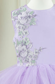 handmade, bright purple flower girl dress with multi-layer tulle skirt and floral embroidery