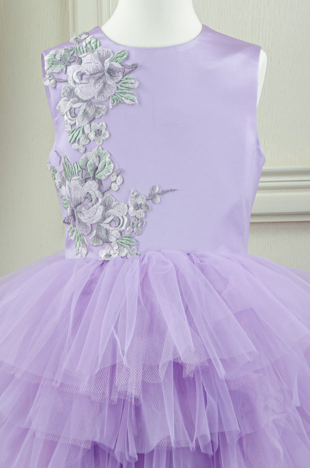 handmade, bright purple flower girl dress with multi-layer tulle skirt and floral embroidery