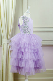 handmade, bright purple flower girl dress with multi-layer tulle skirt and floral embroidery