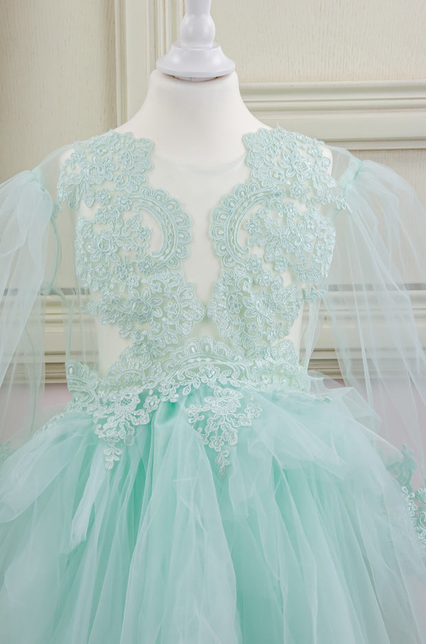 mint midi girl party dress with multi-layer tulle skirt and lace details