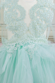 mint midi girl party dress with multi-layer tulle skirt and lace details