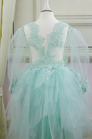 mint midi girl party dress with multi-layer tulle skirt and lace details