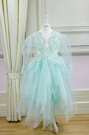 mint midi girl party dress with multi-layer tulle skirt and lace details