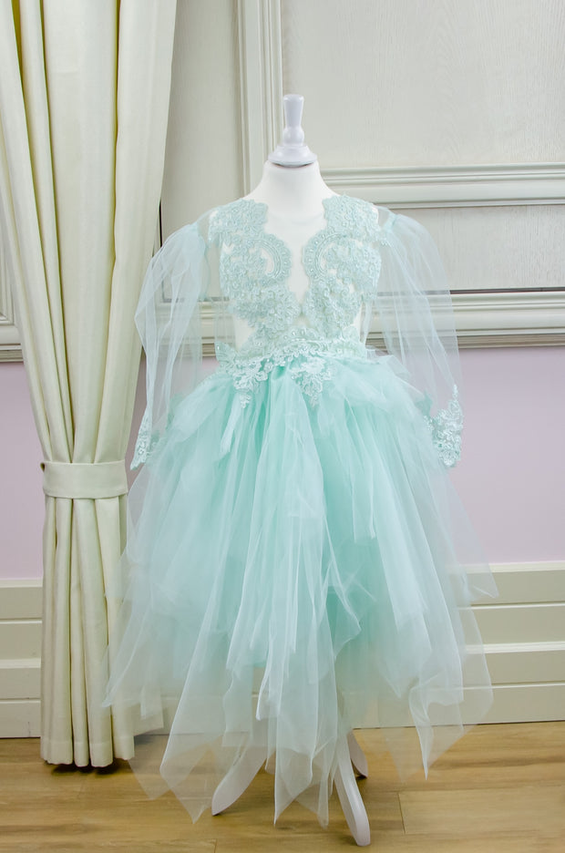 mint midi girl party dress with multi-layer tulle skirt and lace details