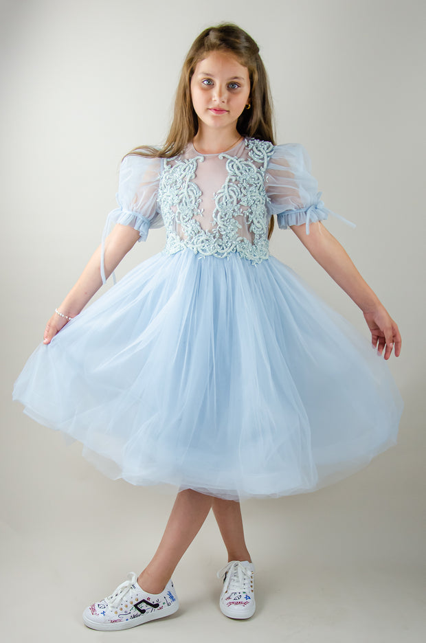 Baby blue princess sleeve midi girl dress with embroidered tulle top. Suitable for her Cinderella moment. Perfect for any special occasions: flower girls, weddings, birthday party, communion.