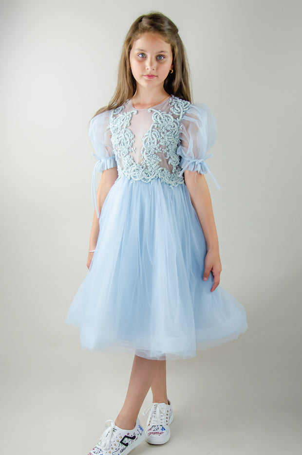 Baby blue princess sleeve midi girl dress with embroidered tulle top. Suitable for her Cinderella moment. Perfect for any special occasions: flower girls, weddings, birthday party, communion.