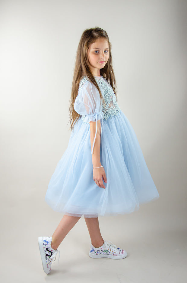 Baby blue princess sleeve midi girl dress with embroidered tulle top. Suitable for her Cinderella moment. Perfect for any special occasions: flower girls, weddings, birthday party, communion.