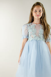 Baby blue princess sleeve midi girl dress with embroidered tulle top. Suitable for her Cinderella moment. Perfect for any special occasions: flower girls, weddings, birthday party, communion.