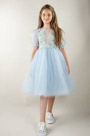 Baby blue princess sleeve midi girl dress with embroidered tulle top. Suitable for her Cinderella moment. Perfect for any special occasions: flower girls, weddings, birthday party, communion.