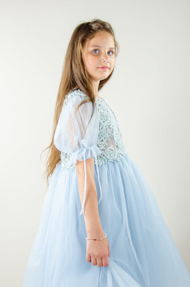 Baby blue princess sleeve midi girl dress with embroidered tulle top. Suitable for her Cinderella moment. Perfect for any special occasions: flower girls, weddings, birthday party, communion.