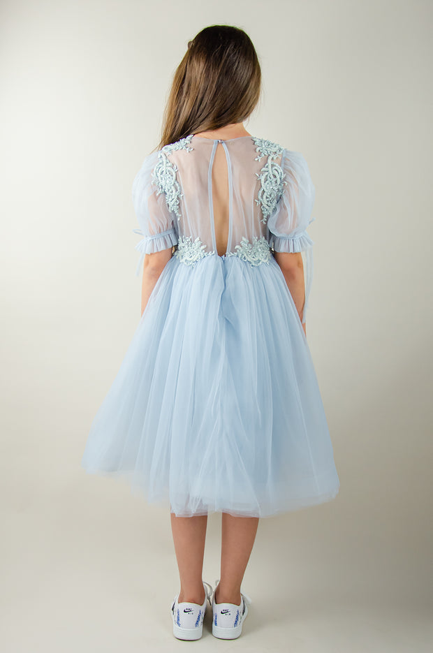 Baby blue princess sleeve midi girl dress with embroidered tulle top. Suitable for her Cinderella moment. Perfect for any special occasions: flower girls, weddings, birthday party, communion.