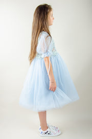 Baby blue princess sleeve midi girl dress with embroidered tulle top. Suitable for her Cinderella moment. Perfect for any special occasions: flower girls, weddings, birthday party, communion.