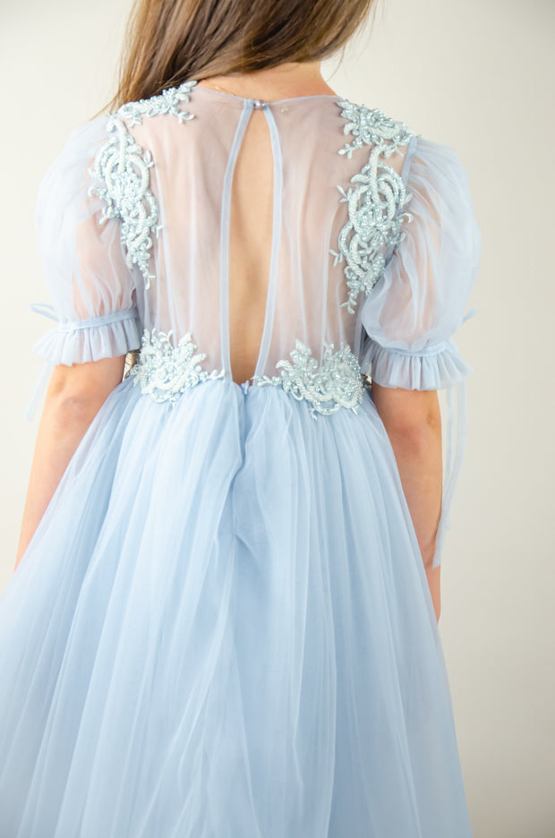 Baby blue princess sleeve midi girl dress with embroidered tulle top. Suitable for her Cinderella moment. Perfect for any special occasions: flower girls, weddings, birthday party, communion.