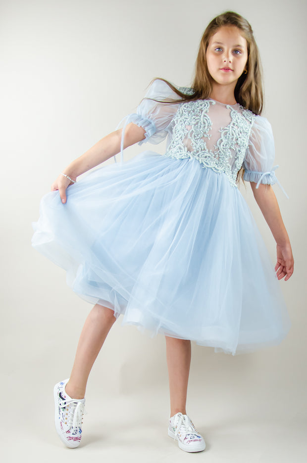 Baby blue princess sleeve midi girl dress with embroidered tulle top. Suitable for her Cinderella moment. Perfect for any special occasions: flower girls, weddings, birthday party, communion.