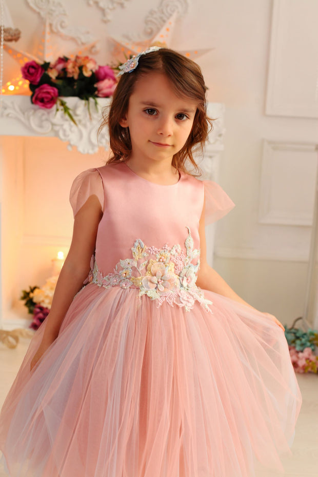 pastel pink girl dress with multi-layer tulle skirt and floral embellishment for parties and special occasions