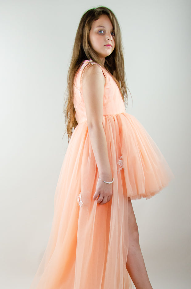 Peach princess dress with a high low skirt and floral embellishments. Perfect for any spring or summer ocassion: weddings, flower girls dress, communion, birthday party, Eid