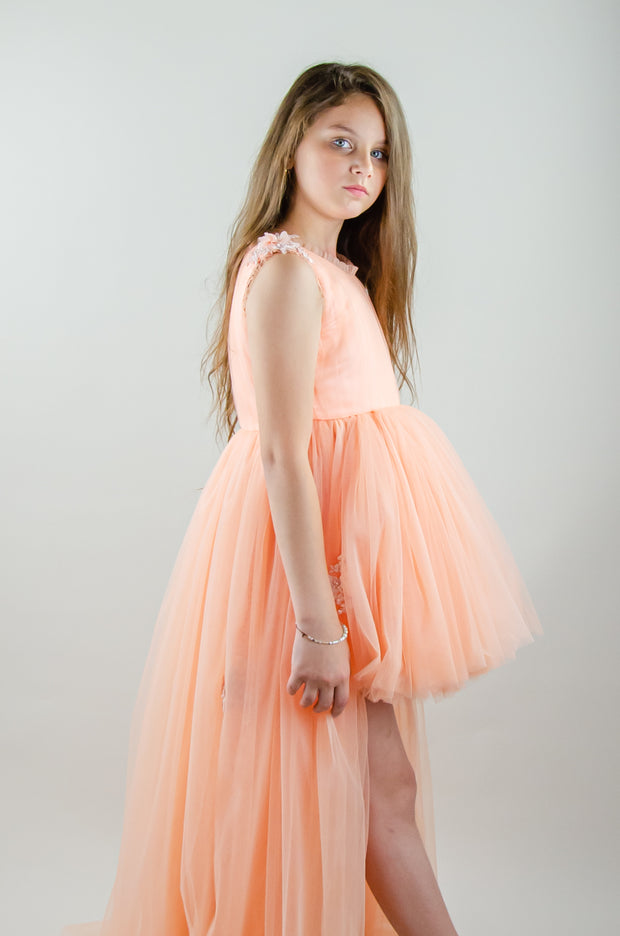 Peach princess dress with a high low skirt and floral embellishments. Perfect for any spring or summer ocassion: weddings, flower girls dress, communion, birthday party, Eid