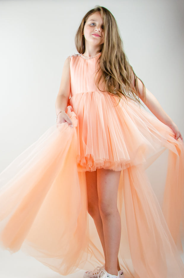 Peach princess dress with a high low skirt and floral embellishments. Perfect for any spring or summer ocassion: weddings, flower girls dress, communion, birthday party, Eid