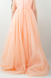 Peach princess dress with a high low skirt and floral embellishments. Perfect for any spring or summer ocassion: weddings, flower girls dress, communion, birthday party, Eid