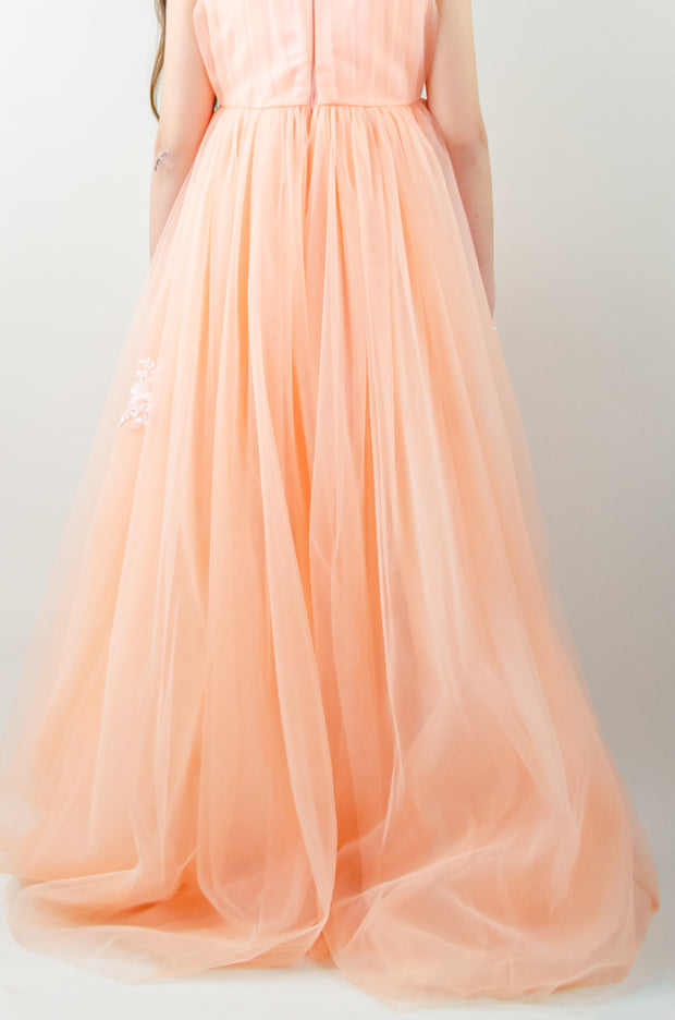 Peach princess dress with a high low skirt and floral embellishments. Perfect for any spring or summer ocassion: weddings, flower girls dress, communion, birthday party, Eid