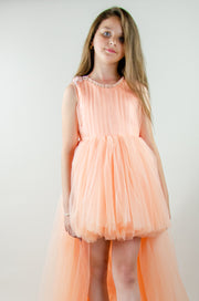 Peach princess dress with a high low skirt and floral embellishments. Perfect for any spring or summer ocassion: weddings, flower girls dress, communion, birthday party, Eid