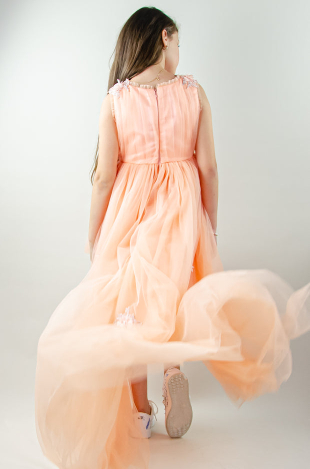 Peach princess dress with a high low skirt and floral embellishments. Perfect for any spring or summer ocassion: weddings, flower girls dress, communion, birthday party, Eid