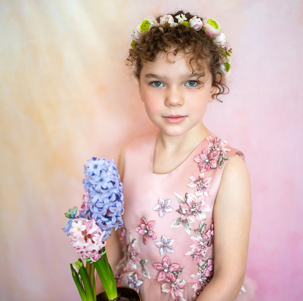 handmade, princess flower girl dress with ruffled tulle layers and floral embroidery