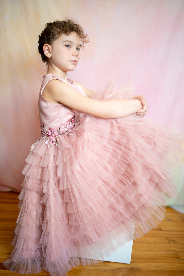handmade, princess flower girl dress with ruffled tulle layers and floral embroidery