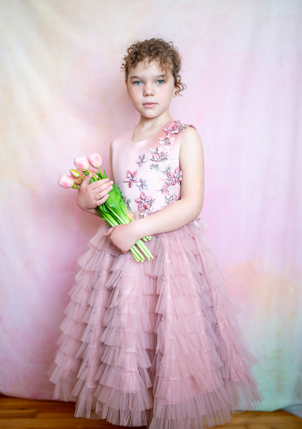 handmade, princess flower girl dress with ruffled tulle layers and floral embroidery