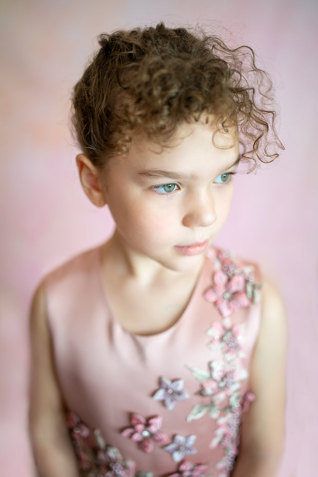 handmade, princess flower girl dress with ruffled tulle layers and floral embroidery