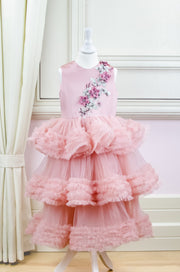 Midi blush pink princess tulle dress for girls with a multi-layered tulle skirt with ruffles and a top embroidered with flowers and pearls, flower girl dress, wedding dress