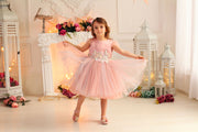 pink girl dress with multi-layer tulle skirt and floral embellishment