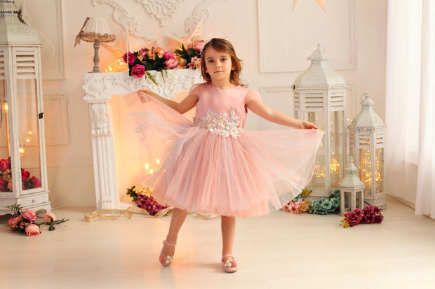 pink girl dress with multi-layer tulle skirt and floral embellishment