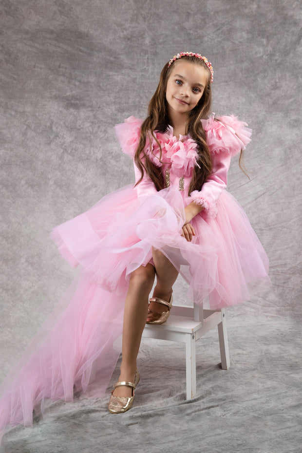 Bright pink high-low hemline girl dress for special occasions. Modern princess girl dress with a bright pink tutu skirt and long tulle train. Satin, long-sleeved top is embellished with gold sequins and feather details. Handmade with love. Occasions: Wedding, Birthday party, Prom, Flower girl, Eid and other events.