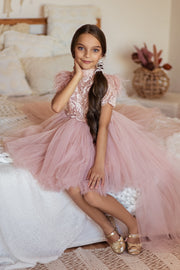Pink high-low hemline flower girl dress for special occasions.Modern flower girl dress with a pink tutu skirt and long tulle train. Delicate lace top with short sleeves, high collar and feather details add finishing touches to this exceptional dress. Handmade with love. Girl dress for special occasions: Wedding, Birthday party, Prom, Flower girl, Eid and other events.